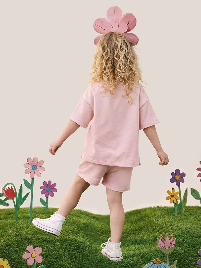 ج&مشب طقم فتيات كبير الحجم تي شيرت وشورت قطن % وردي